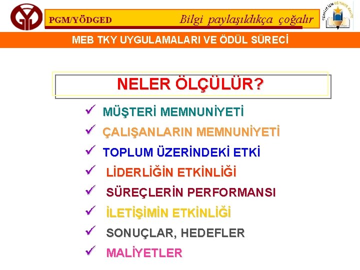 PGM/YÖDGED Bilgi paylaşıldıkça çoğalır MEB TKY UYGULAMALARI VE ÖDÜL SÜRECİ NELER ÖLÇÜLÜR? ü ü