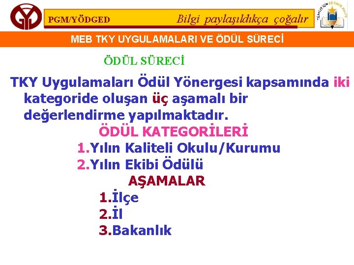 PGM/YÖDGED Bilgi paylaşıldıkça çoğalır MEB TKY UYGULAMALARI VE ÖDÜL SÜRECİ TKY Uygulamaları Ödül Yönergesi