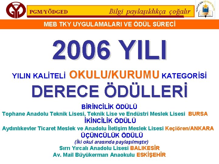 PGM/YÖDGED Bilgi paylaşıldıkça çoğalır MEB TKY UYGULAMALARI VE ÖDÜL SÜRECİ 2006 YILIN KALİTELİ OKULU/KURUMU