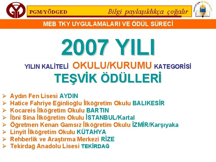 PGM/YÖDGED Bilgi paylaşıldıkça çoğalır MEB TKY UYGULAMALARI VE ÖDÜL SÜRECİ 2007 YILIN KALİTELİ OKULU/KURUMU