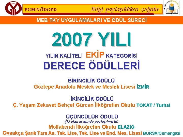 Bilgi paylaşıldıkça çoğalır PGM/YÖDGED MEB TKY UYGULAMALARI VE ÖDÜL SÜRECİ 2007 YILIN KALİTELİ EKİP