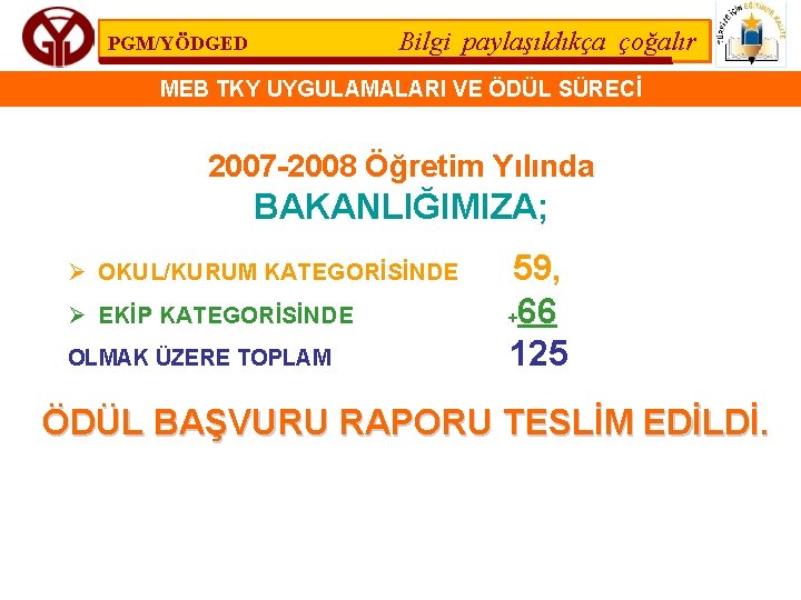 Bilgi paylaşıldıkça çoğalır PGM/YÖDGED MEB TKY UYGULAMALARI VE ÖDÜL SÜRECİ 2007 -2008 Öğretim Yılında