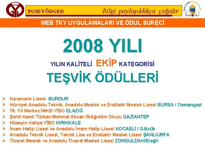 PGM/YÖDGED Bilgi paylaşıldıkça çoğalır MEB TKY UYGULAMALARI VE ÖDÜL SÜRECİ 2008 YILIN KALİTELİ EKİP