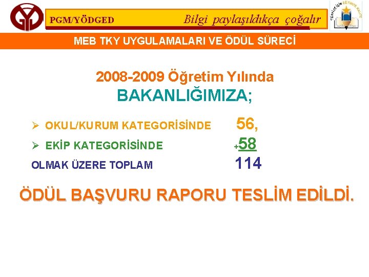 Bilgi paylaşıldıkça çoğalır PGM/YÖDGED MEB TKY UYGULAMALARI VE ÖDÜL SÜRECİ 2008 -2009 Öğretim Yılında