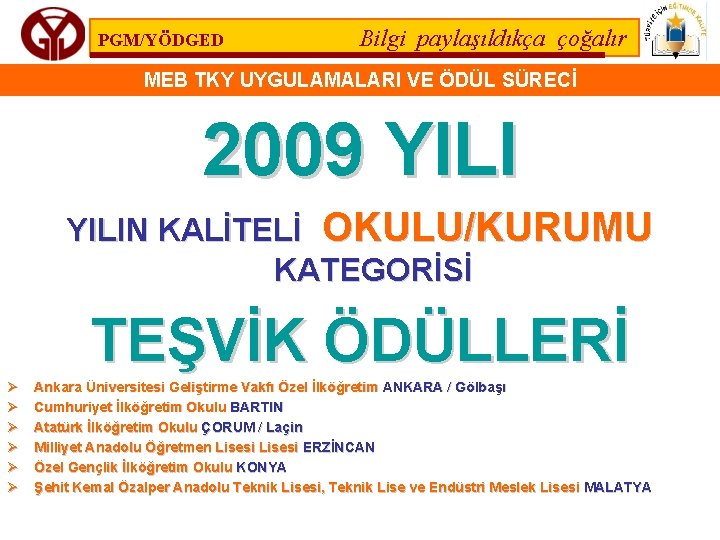 PGM/YÖDGED Bilgi paylaşıldıkça çoğalır MEB TKY UYGULAMALARI VE ÖDÜL SÜRECİ 2009 YILIN KALİTELİ OKULU/KURUMU