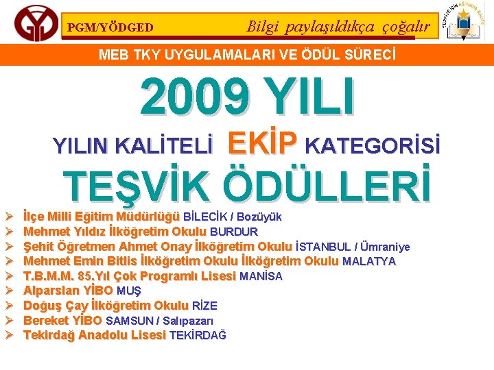 PGM/YÖDGED Bilgi paylaşıldıkça çoğalır MEB TKY UYGULAMALARI VE ÖDÜL SÜRECİ 2009 YILIN KALİTELİ Ø