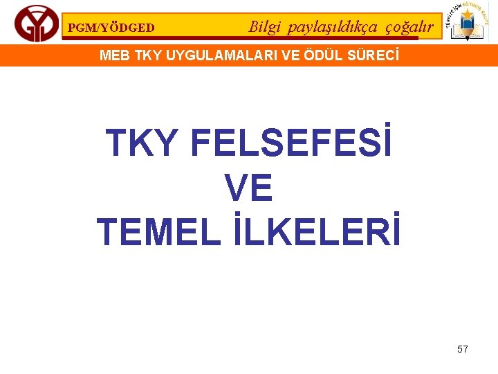 PGM/YÖDGED Bilgi paylaşıldıkça çoğalır MEB TKY UYGULAMALARI VE ÖDÜL SÜRECİ TKY FELSEFESİ VE TEMEL