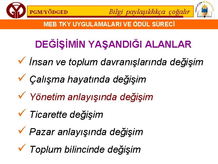 PGM/YÖDGED Bilgi paylaşıldıkça çoğalır MEB TKY UYGULAMALARI VE ÖDÜL SÜRECİ DEĞİŞİMİN YAŞANDIĞI ALANLAR ü