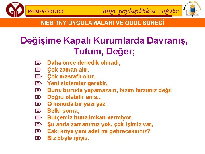 PGM/YÖDGED Bilgi paylaşıldıkça çoğalır MEB TKY UYGULAMALARI VE ÖDÜL SÜRECİ Değişime Kapalı Kurumlarda Davranış,