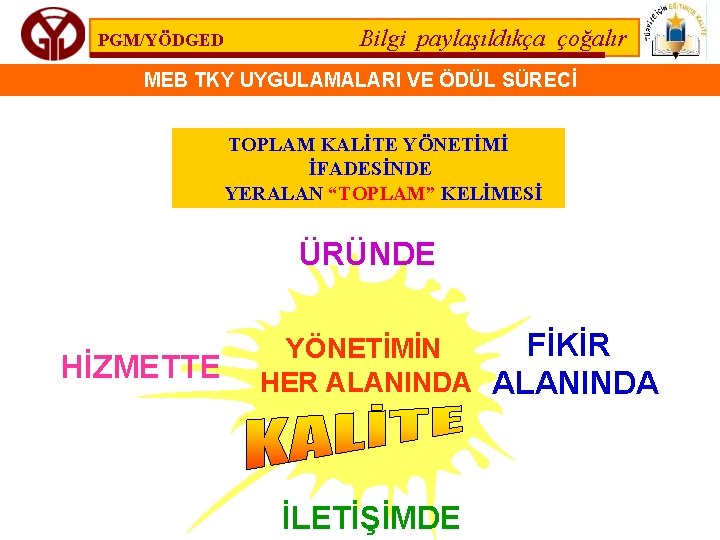 PGM/YÖDGED Bilgi paylaşıldıkça çoğalır MEB TKY UYGULAMALARI VE ÖDÜL SÜRECİ TOPLAM KALİTE YÖNETİMİ İFADESİNDE