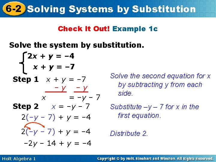 6 -2 Solving Systems by Substitution Check It Out! Example 1 c Solve the