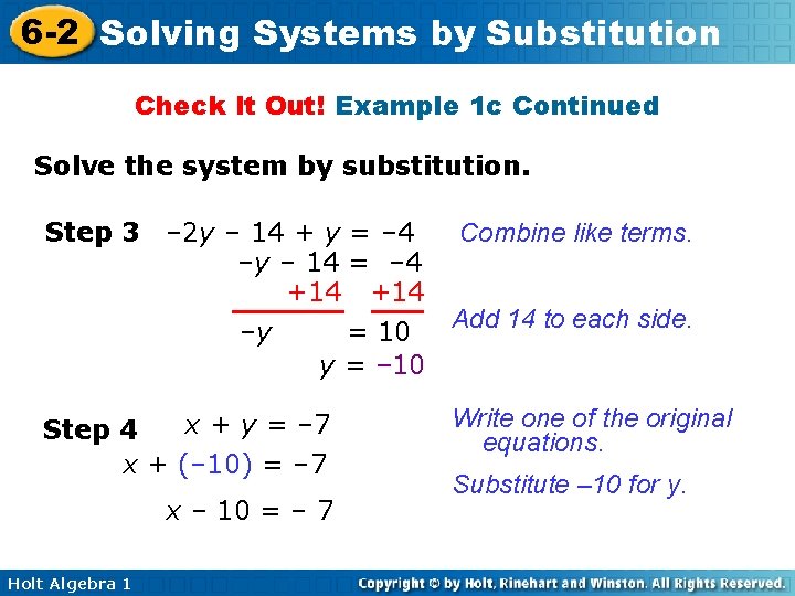 6 -2 Solving Systems by Substitution Check It Out! Example 1 c Continued Solve