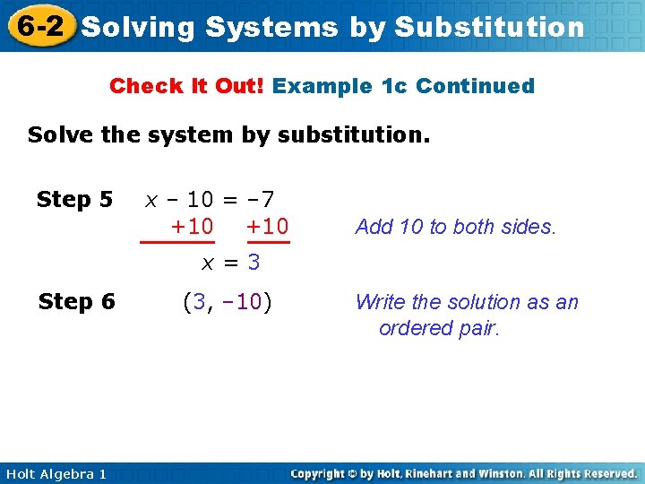 6 -2 Solving Systems by Substitution Check It Out! Example 1 c Continued Solve