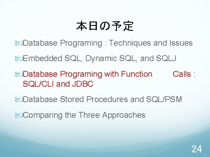 本日の予定 Database Programing : Techniques and Issues Embedded SQL, Dynamic SQL, and SQLJ Database