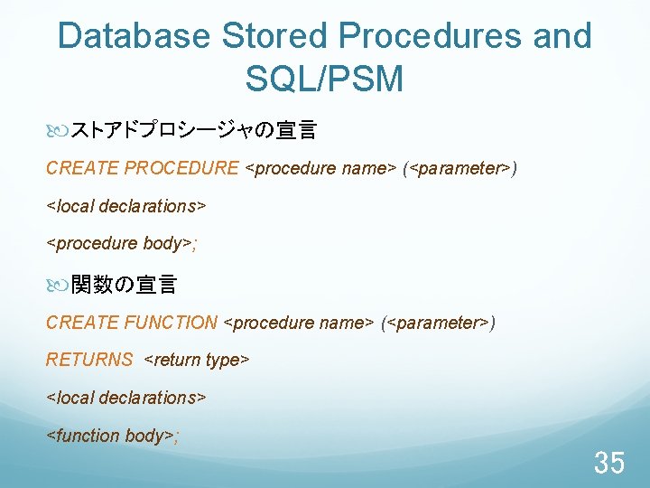 Database Stored Procedures and SQL/PSM ストアドプロシージャの宣言 CREATE PROCEDURE <procedure name> (<parameter>) <local declarations> <procedure