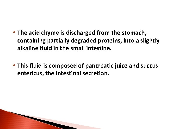  The acid chyme is discharged from the stomach, containing partially degraded proteins, into