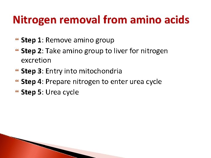 Nitrogen removal from amino acids Step 1: Remove amino group Step 2: Take amino