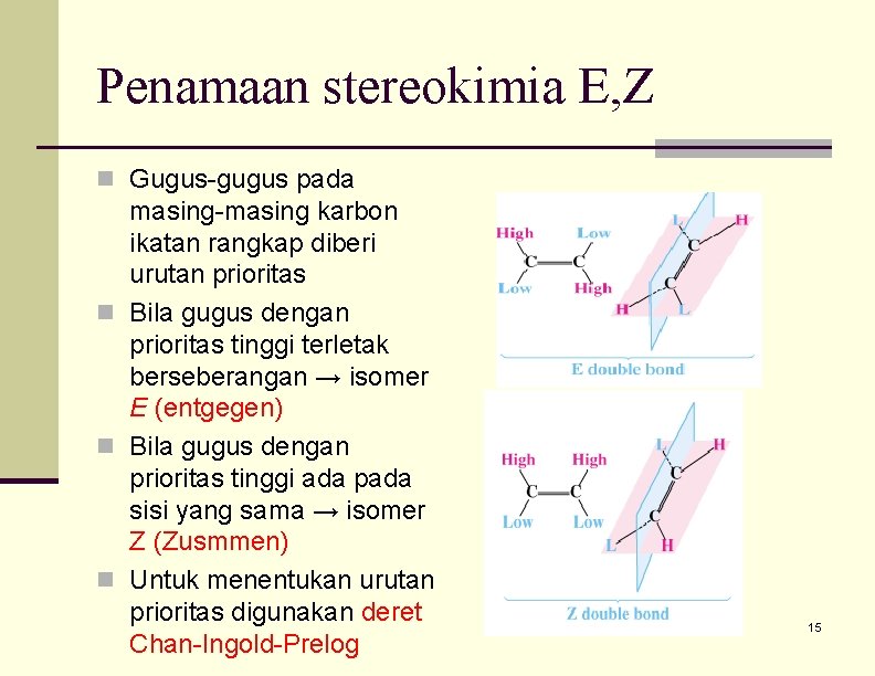 Penamaan stereokimia E, Z n Gugus-gugus pada masing-masing karbon ikatan rangkap diberi urutan prioritas