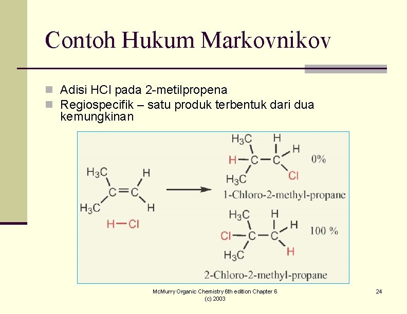 Contoh Hukum Markovnikov n Adisi HCl pada 2 -metilpropena n Regiospecifik – satu produk