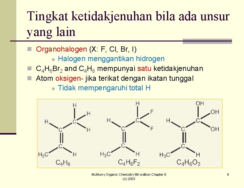 Tingkat ketidakjenuhan bila ada unsur yang lain n Organohalogen (X: F, Cl, Br, I)