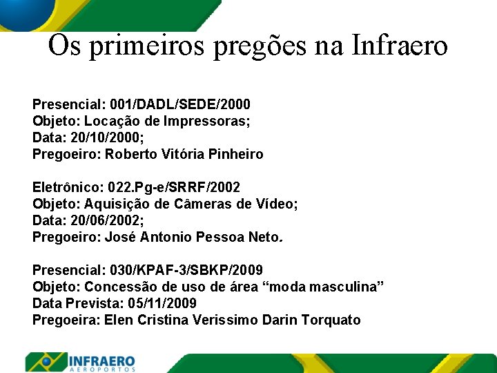 Os primeiros pregões na Infraero Presencial: 001/DADL/SEDE/2000 Objeto: Locação de Impressoras; Data: 20/10/2000; Pregoeiro: