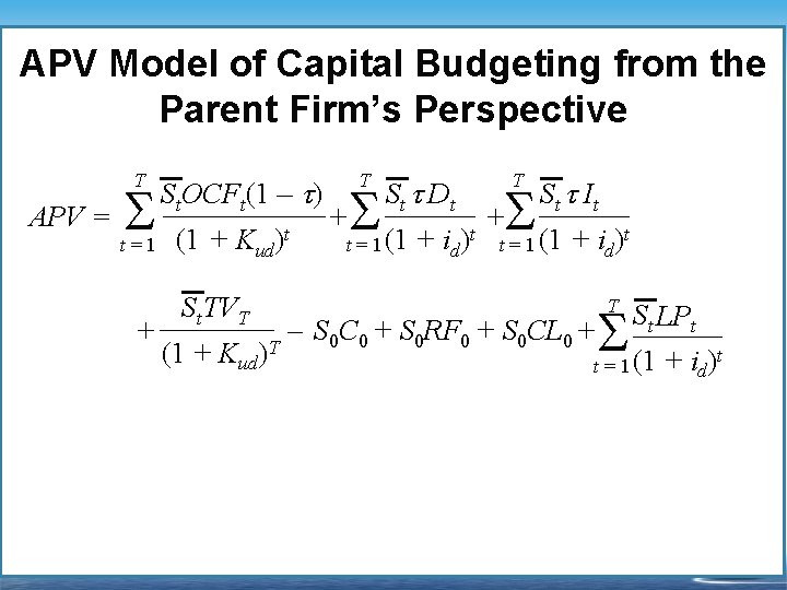 APV Model of Capital Budgeting from the Parent Firm’s Perspective T APV = S