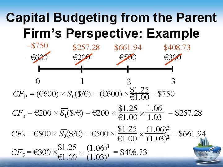 Capital Budgeting from the Parent Firm’s Perspective: Example –$750 –€ 600 $257. 28 €