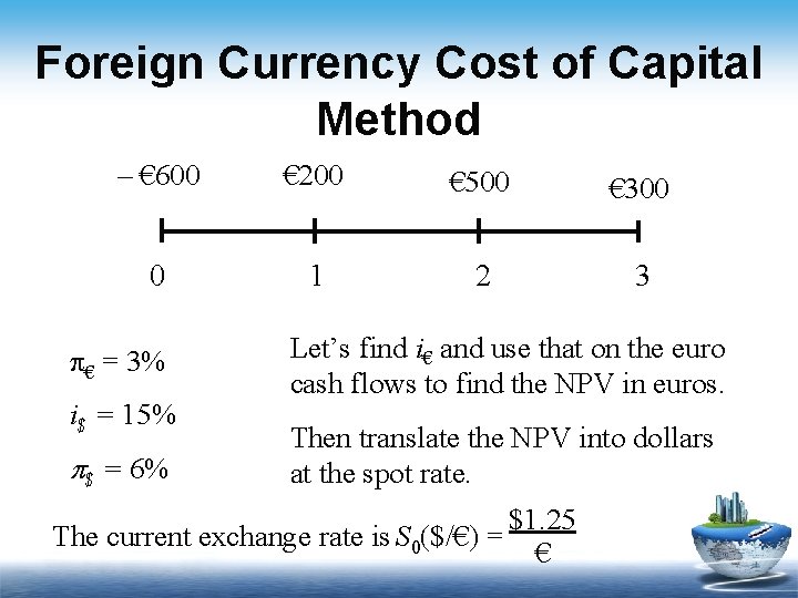 Foreign Currency Cost of Capital Method – € 600 € 200 € 500 €
