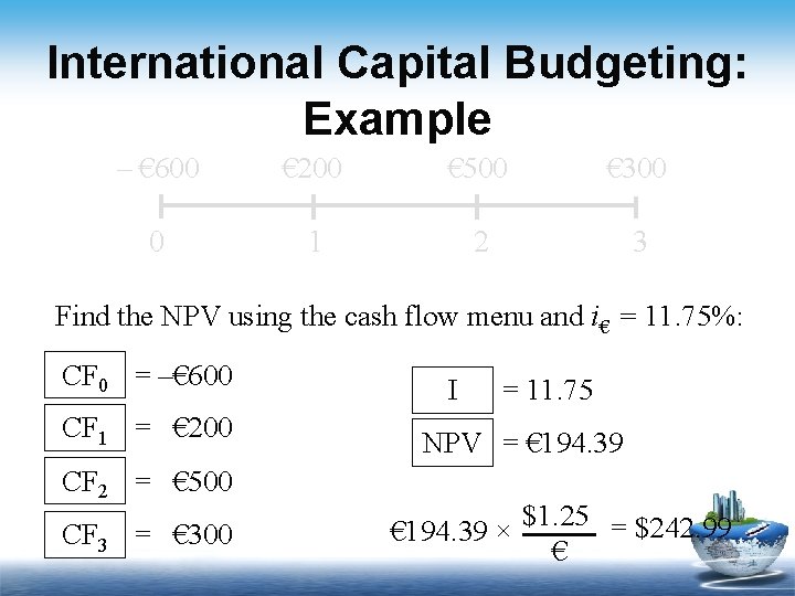 International Capital Budgeting: Example – € 600 € 200 € 500 € 300 0