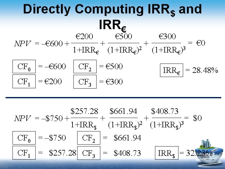 Directly Computing IRR$ and IRR€ NPV = –€ 600 + € 200 1+IRR€ +