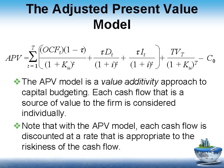 The Adjusted Present Value Model T S APV = t=1 (OCFt)(1 – t) (1