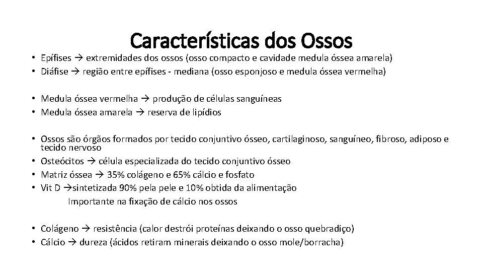 Características dos Ossos • Epífises extremidades dos ossos (osso compacto e cavidade medula óssea