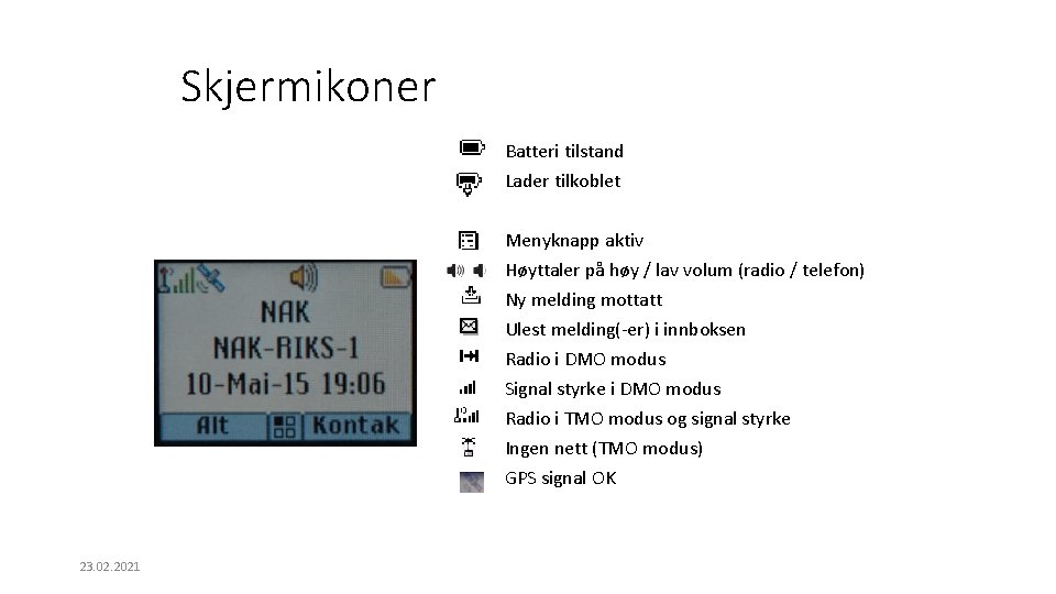 Skjermikoner Batteri tilstand Lader tilkoblet Menyknapp aktiv Høyttaler på høy / lav volum (radio