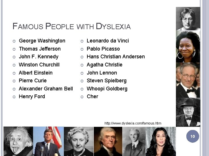 FAMOUS PEOPLE WITH DYSLEXIA George Washington Leonardo da Vinci Thomas Jefferson Pablo Picasso John