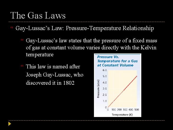 The Gas Laws Gay-Lussac’s Law: Pressure-Temperature Relationship Gay-Lussac’s law states that the pressure of