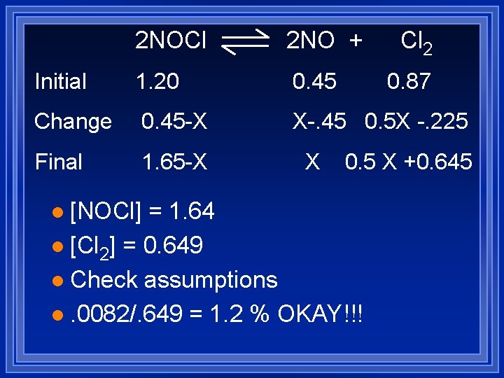 2 NOCl 2 NO + Initial 1. 20 0. 45 Change 0. 45 -X