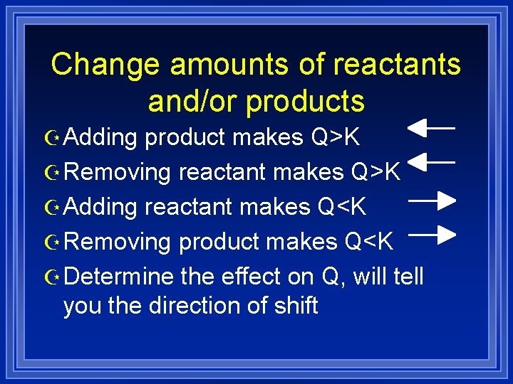 Change amounts of reactants and/or products Z Adding product makes Q>K Z Removing reactant