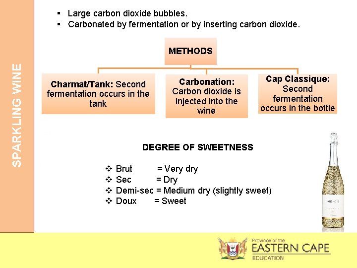 § Large carbon dioxide bubbles. § Carbonated by fermentation or by inserting carbon dioxide.