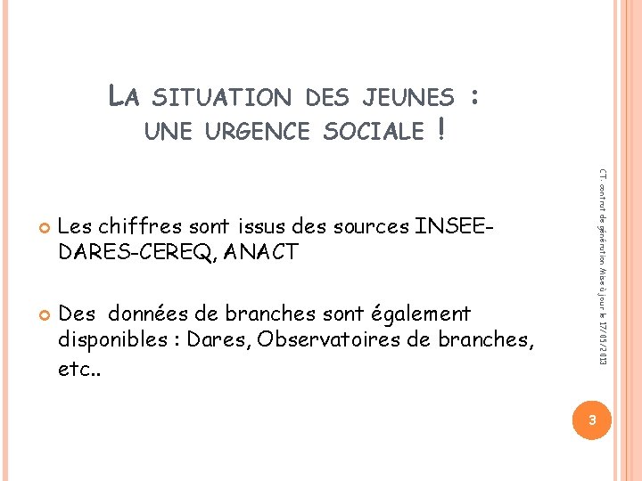 LA SITUATION DES JEUNES UNE URGENCE SOCIALE CT: contrat de génération Mise à jour