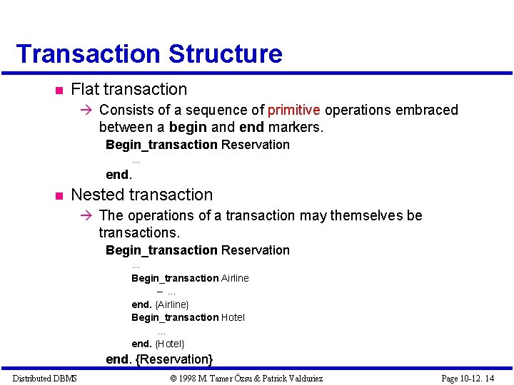Transaction Structure Flat transaction Consists of a sequence of primitive operations embraced between a Transaction Structure Flat transaction Consists of a sequence of primitive operations embraced between a