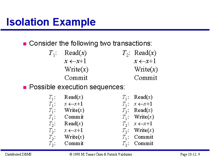 Isolation Example Consider the following two transactions: T 1: Read(x) T 2: Read(x) x Isolation Example Consider the following two transactions: T 1: Read(x) T 2: Read(x) x
