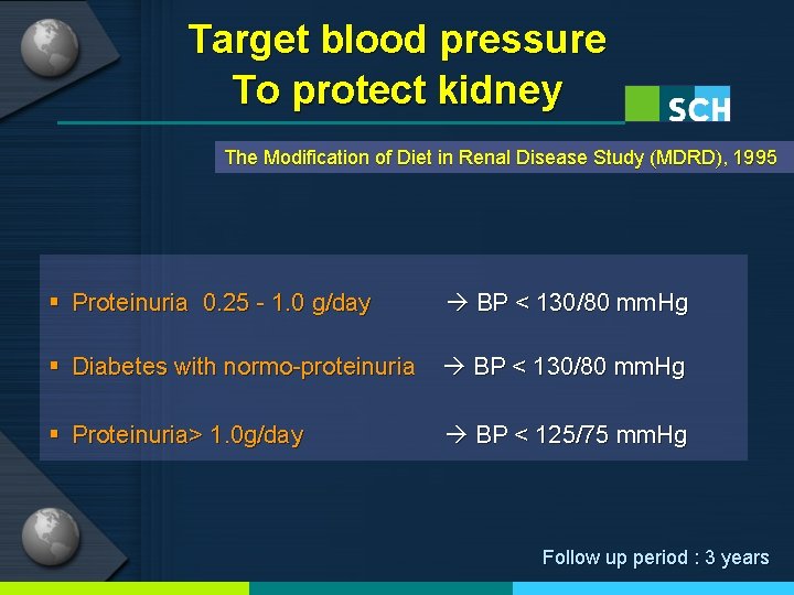 Target blood pressure To protect kidney The Modification of Diet in Renal Disease Study