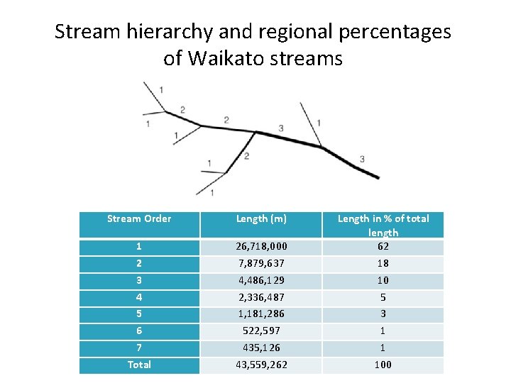 Stream hierarchy and regional percentages of Waikato streams Stream Order Length (m) 1 2