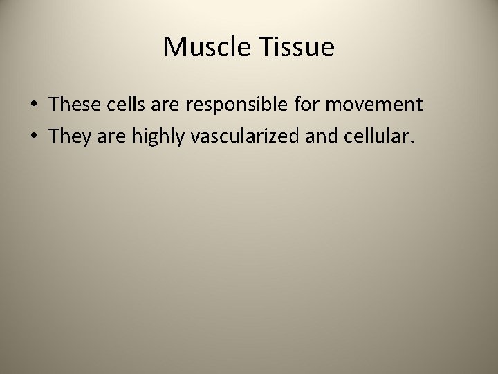 Muscle Tissue • These cells are responsible for movement • They are highly vascularized