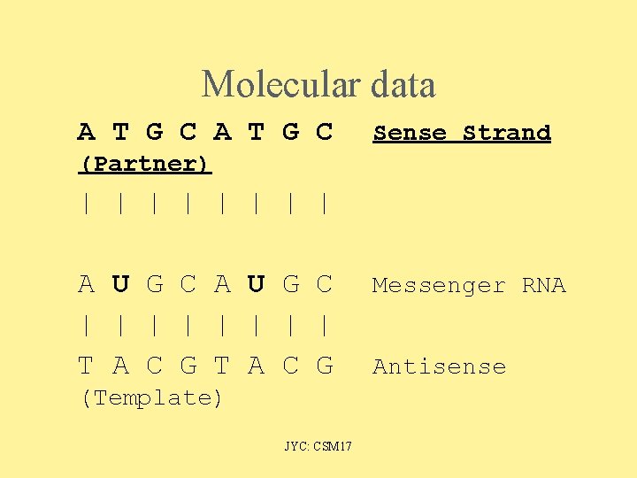 Molecular data A T G C Sense Strand (Partner) | | | | A