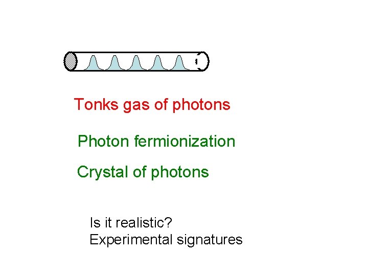 Tonks gas of photons Photon fermionization Crystal of photons Is it realistic? Experimental signatures