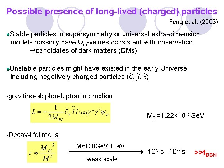 Possible presence of long-lived (charged) particles Feng et al. (2003) Stable particles in supersymmetry