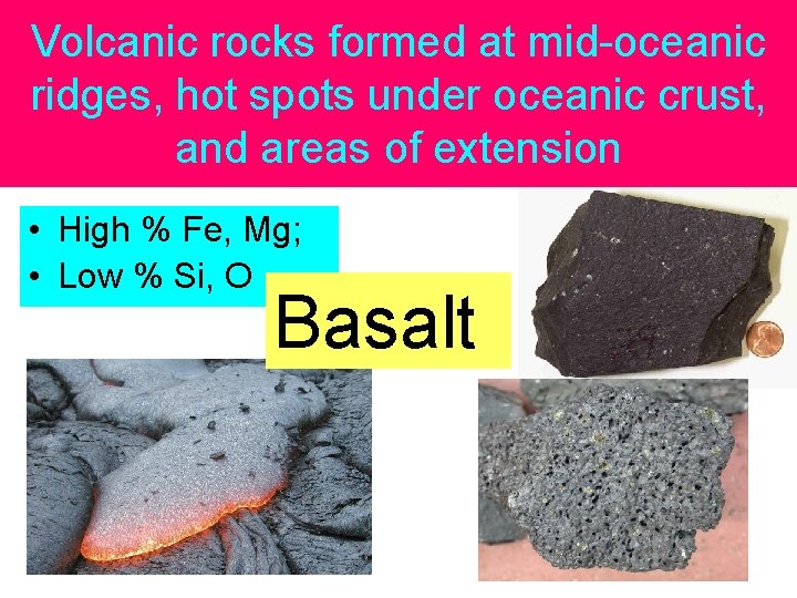 Volcanic rocks formed at mid-oceanic ridges, hot spots under oceanic crust, and areas of