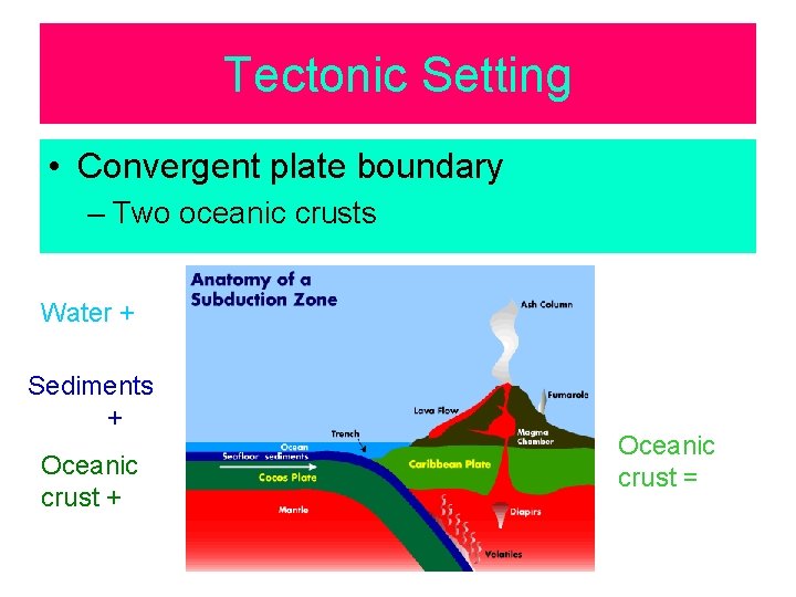 Tectonic Setting • Convergent plate boundary – Two oceanic crusts Water + Sediments +