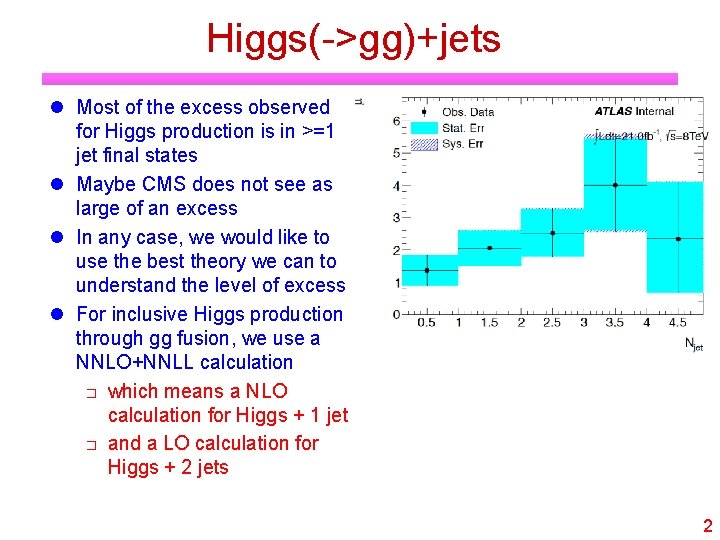 Higgs(->gg)+jets Most of the excess observed for Higgs production is in >=1 jet final